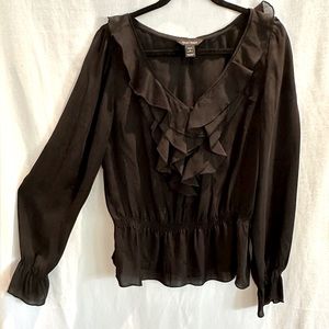 WHITE HOUSE BLACK MARKET 100% Silk black ruffle blouse, size L